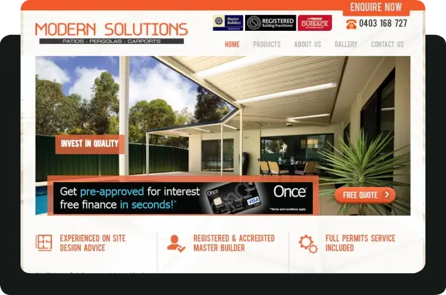 Modern Solutions custom pergolas and patios website design and SEO case study by Karma Web Wizards